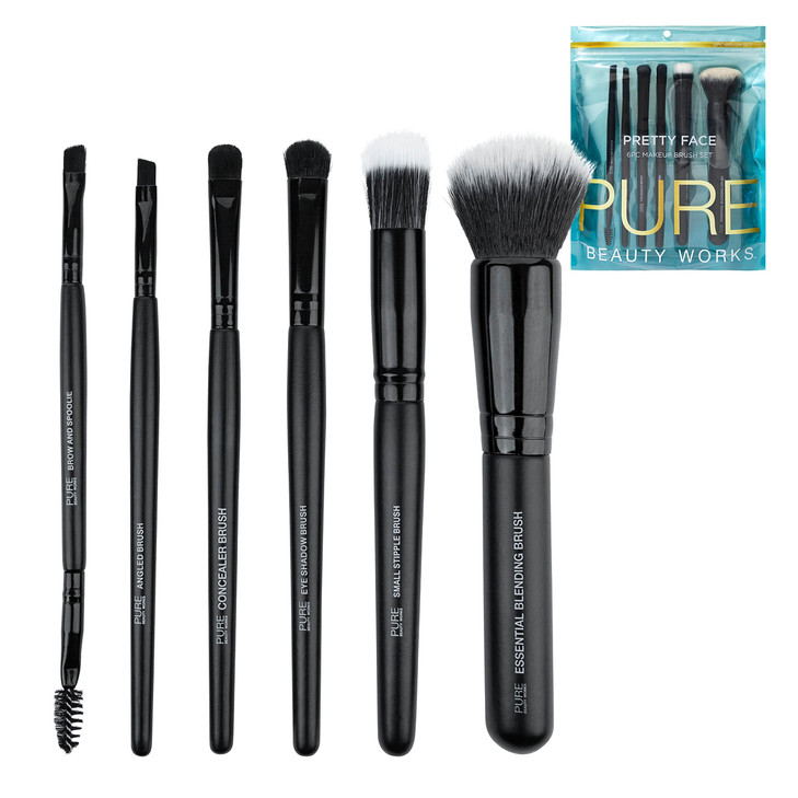 Pure Beauty Works Pretty Face 6pc Makeup Brush Set Premium Synthetic Bristles Blending Brush Stipple Brush Concealer Bru