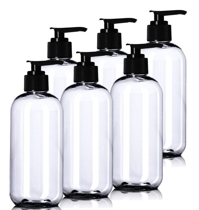 Aromine 8oz Plastic Clear Bottles 6 Pack BPAFree Squeeze Containers with Pump Cap Labels Included