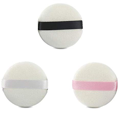 LASSUM 3 Pieces Round Super Soft Velour Powder Puff 216 Inch Facial Puff With Ribbon Color Random