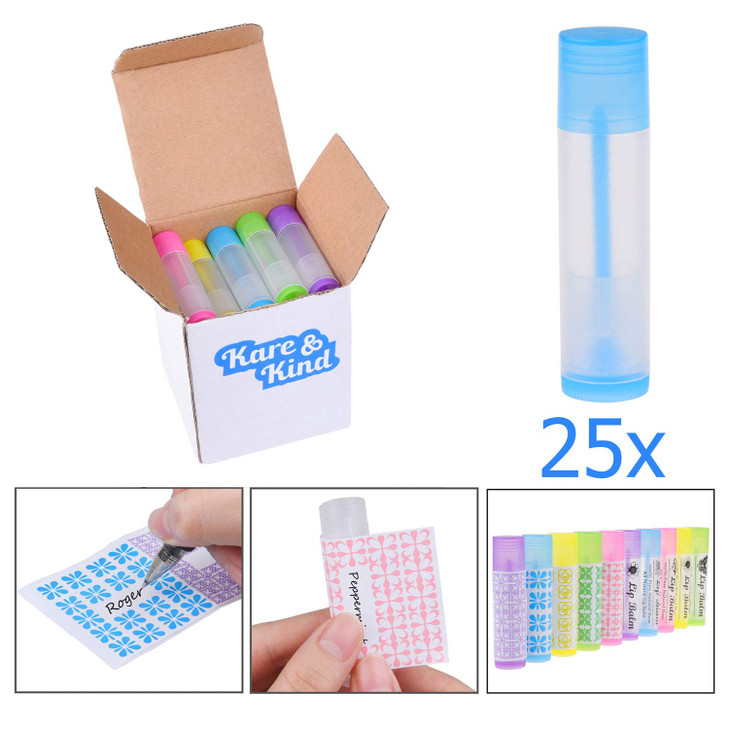 Lip Balm Container Tubes 25Pack 5x5 colors DIY 316 Oz 55 ml Including 25 Writeable 5x5 colors 25 Printed Stickers Twist