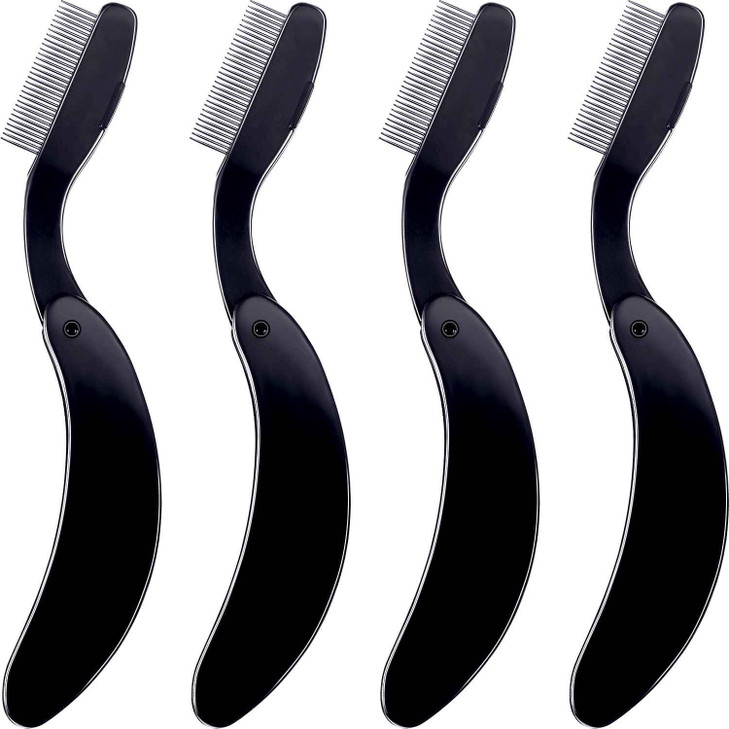 TecUnite 4 Packs Folding Eyelash Comb Stainless Steel Teeth Eyebrow Comb Lash and Brow Makeup Brush Black