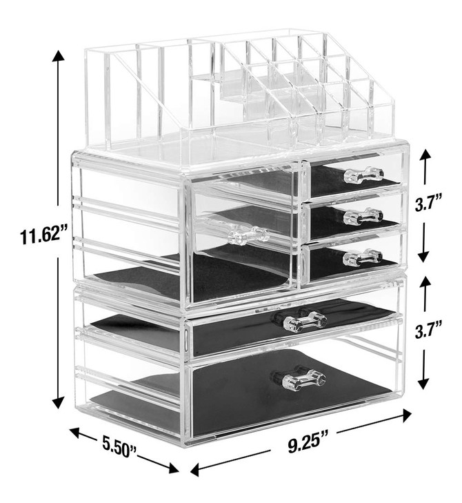 Sorbus Large Clear Makeup Organizer Detachable 3Piece Jewelry Make Up Organizers and Storage Set Spacious Cosmetic Displ