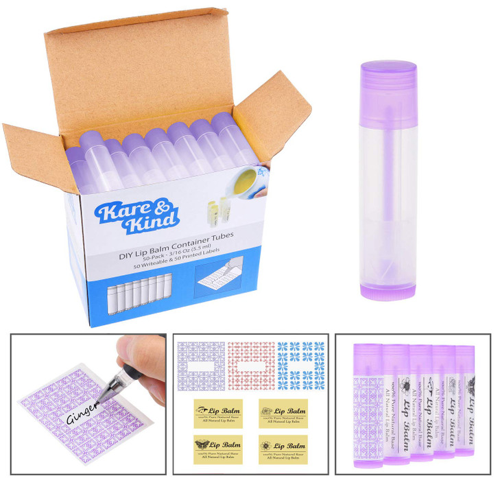 Lip Balm Container Tubes 50Pack DIY Purple 316 Oz 55 ml Including 50 Writeable Purple 50 Printed Lip Balm Stickers Twist