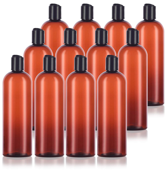 JUVITUS 16 oz 500 ml Amber Slim PET Plastic Bottles BPA Free with Black Disc Cap Lid 12 pack