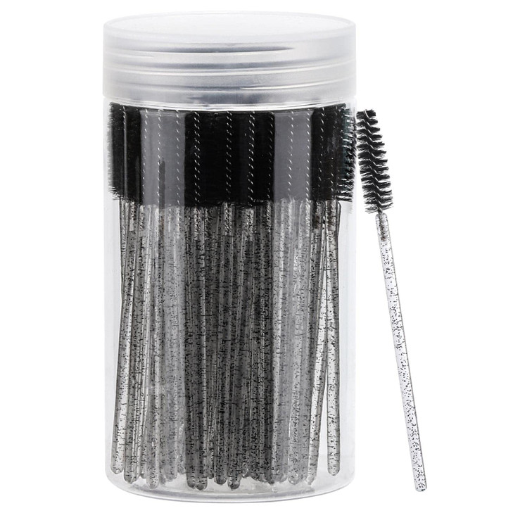 100 Pcs Disposable Mascara Wands Crystal Eyebrow Spoolies Brush for Eyelash Extensions Black Lash Brushes with Container