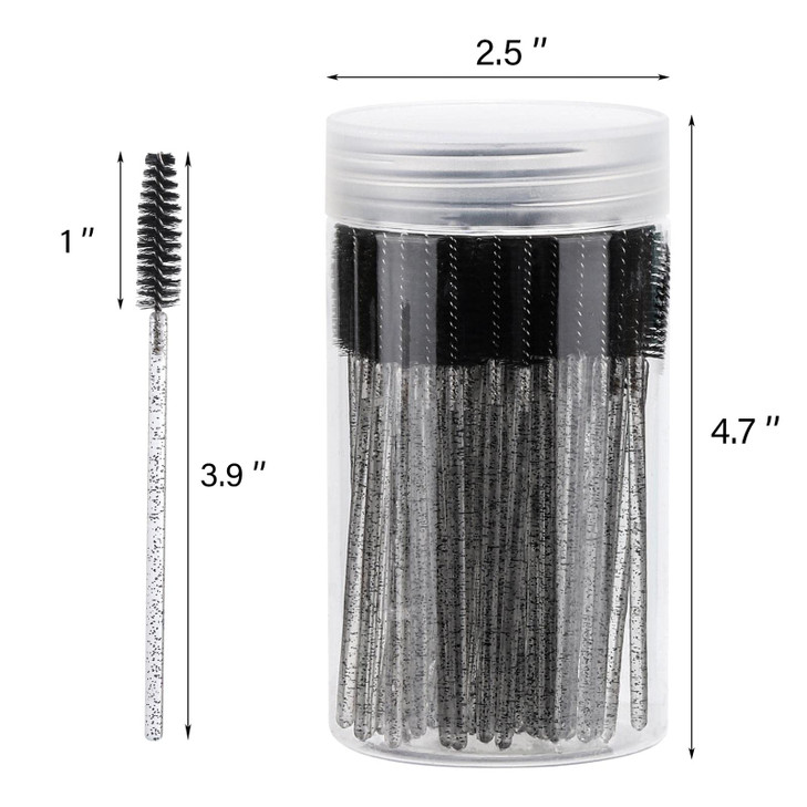 100 Pcs Disposable Mascara Wands Crystal Eyebrow Spoolies Brush for Eyelash Extensions Black Lash Brushes with Container