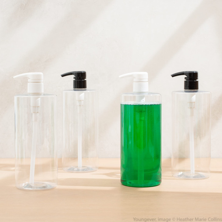 Youngever 4 Pack Pump Bottles for Shampoo 32 Ounce 1 Liter Empty Shampoo Pump Bottles Plastic Cylinder with LockdownLeak