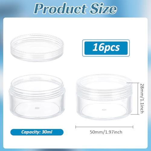BENECREAT 16 Pack 197x11 30ml Empty Clear Plastic Bead Storage Container jar with Rounded ScrewTop Lids for Beads Nail A