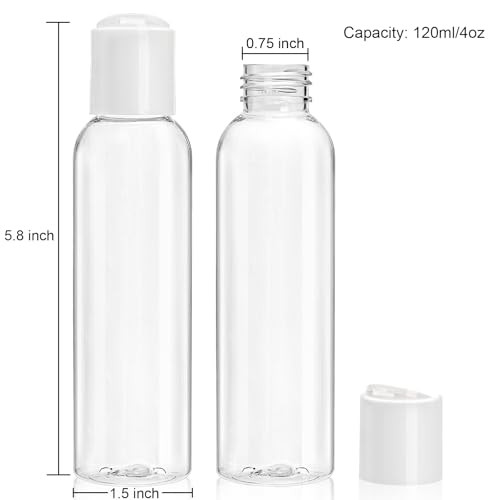 Bekith 30 Pack 4oz Plastic Squeeze Bottles with Disc Top Flip Cap Clear Refillable Containers For Shampoo Lotions Liquid