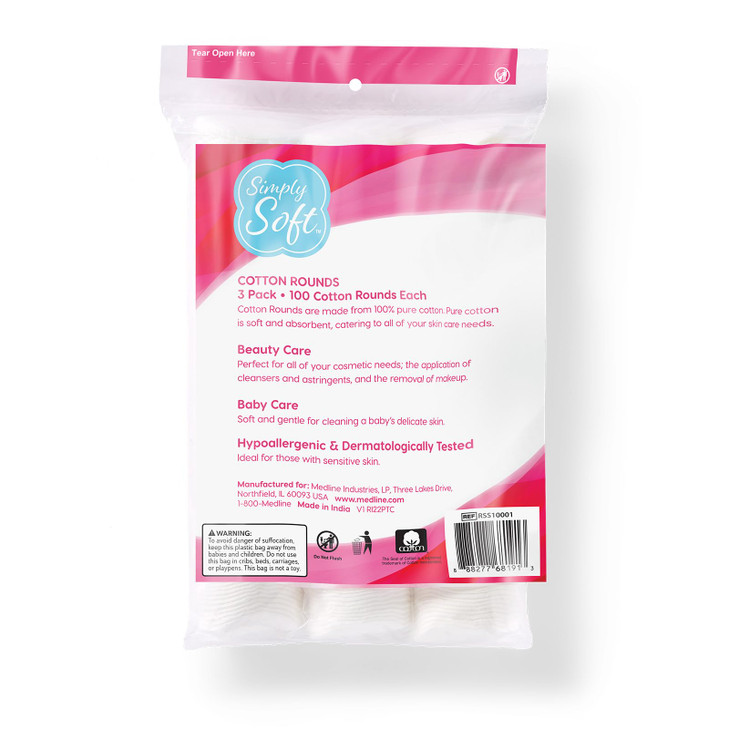 Medline Simply Soft Cotton Rounds 300 Count 100 Cotton Absorbent and Textured Cotton Pads LintFree