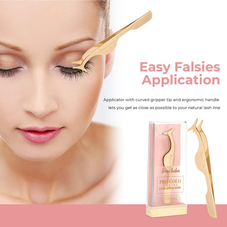 Icona Lashes Eyelash Applicator for False Eyelashes Lash Extensions 24K Gold Plated Stainless Steel with Contoured Tip f