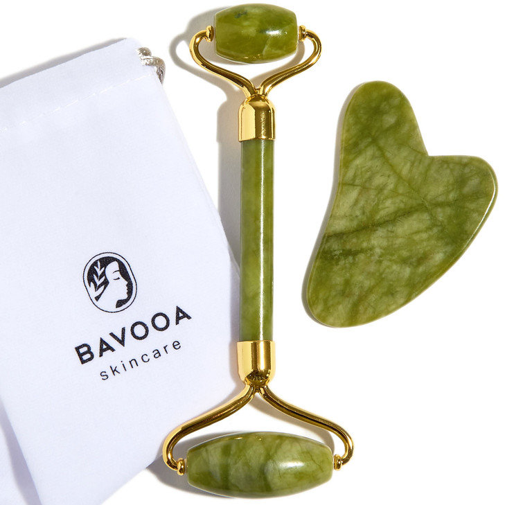 REM Spring Jade Roller and Gua Sha Spa Grade Face Roller Massager and Gua Sha Massage Tool Set 100 Authentic Jade Stone