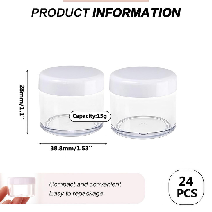 24 Pcs 15ML 05OZ Round Shaped Refillable Clear Container with White Plastic Screw Cap Lid for Makeup Water Lotion Cream