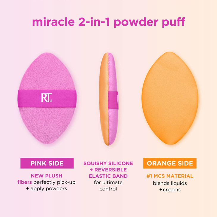 Real Techniques Miracle 2In1 Powder Puff DualSided FullSize Makeup Blending Puff Reversible Elastic Band Precision Tip M