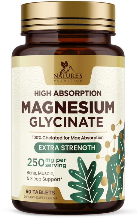 Magnesium (Glycinate) 250 mg - 100% Chelated & High Absorption Magnesium Supplement - Improved Formula with Mag Glycinate for Gentle Digestion - Glut