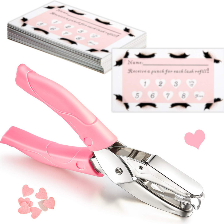 150 Pieces Heart Shaped Lash Extension Refill Filler Loyalty Punch Cards with Metal Single Handheld Hole Paper Punch Pun
