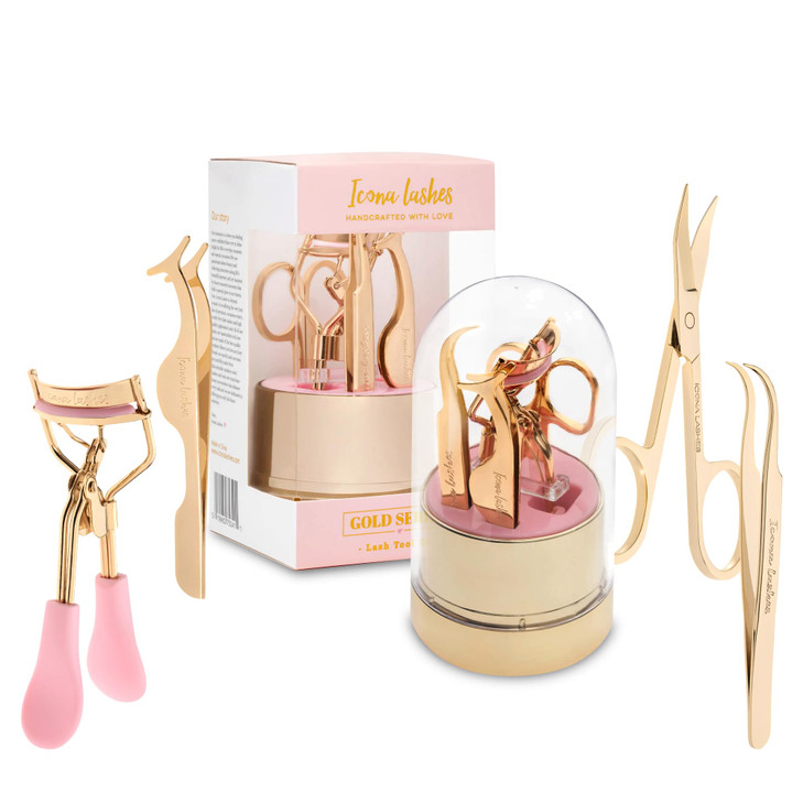 Icona Lashes 4in1 False Eyelash Tool Kit DIY Lash Extension Kit with Tweezer Curler Scissors Applicator 24K Gold Plated