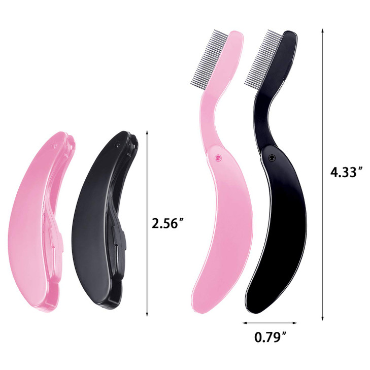 TecUnite Folding Eyelash Comb Stainless Eyebrow Comb Eyelash and Brow Makeup Brush 3 Black and 3 Pink