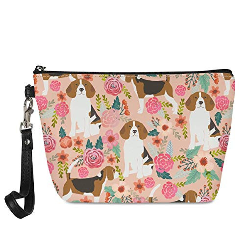 Mumeson Small Toiletry Cosmetic Handy Bag for Women Ladies Pink Floral Beagles Zipper Closure Travel Pouch Storage Clutc