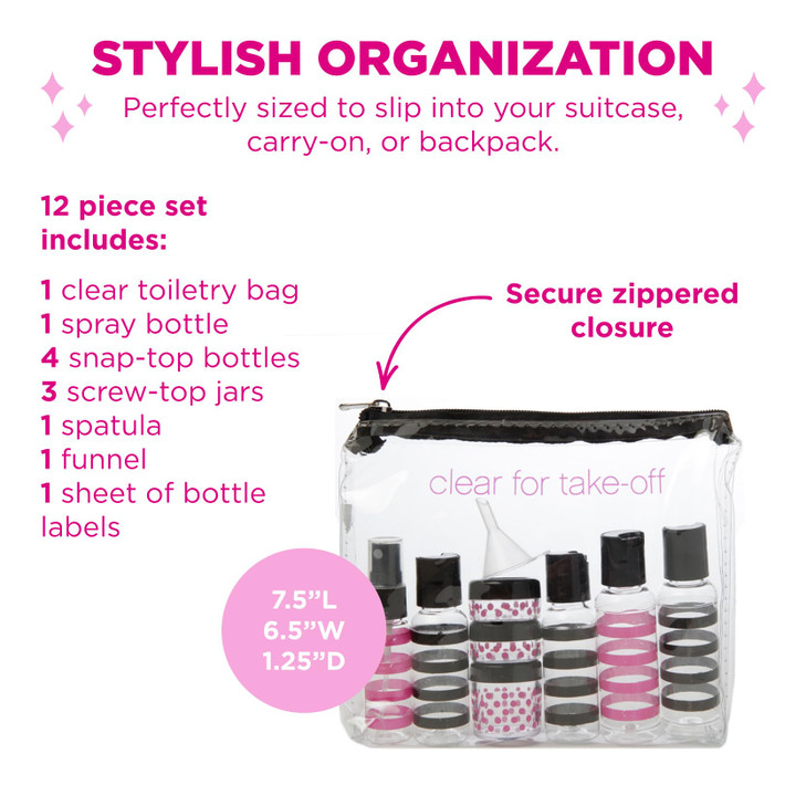 MIAMICA Rose Gold Womens TSA Compliant Travel Bottles and Toiletry Bag Kit