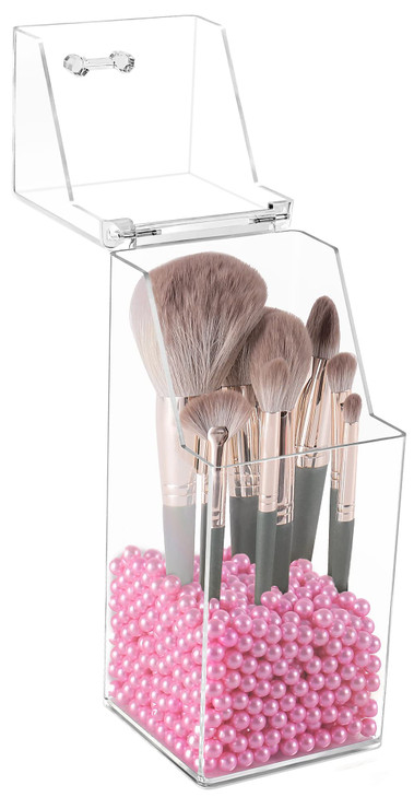 Sooyee Makeup Brush HolderMakeup Brush Organizer with 8mm White PearlsDustproof Makeup Brush holder with Lid