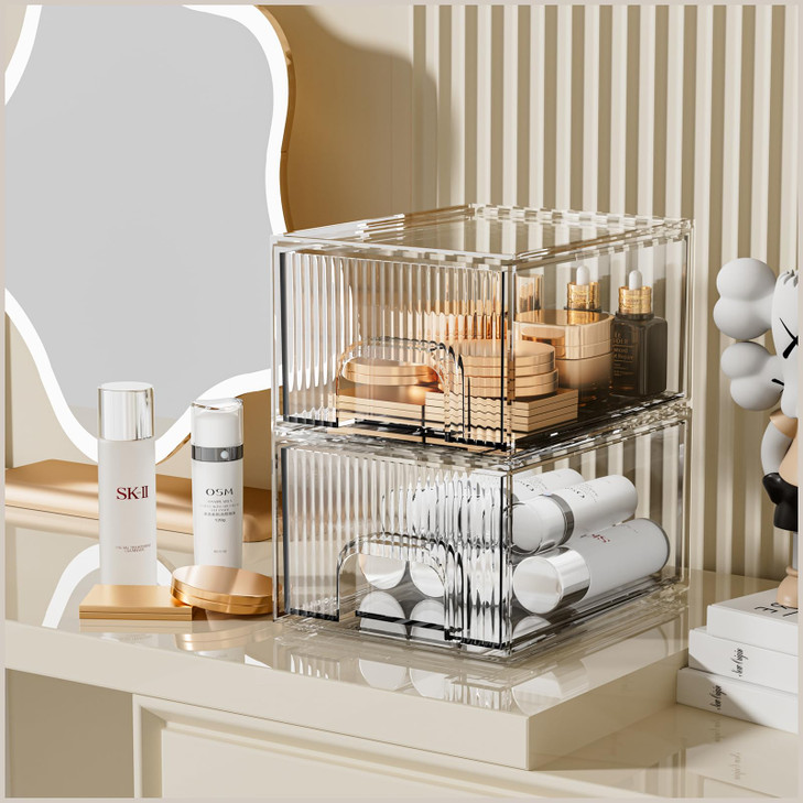 ZHIAI 2 Pack Clear Stackable Cosmetic Organizer Acrylic Drawer Plastic Organizer for Dresser Vanity Kitchen Cabinet Pant