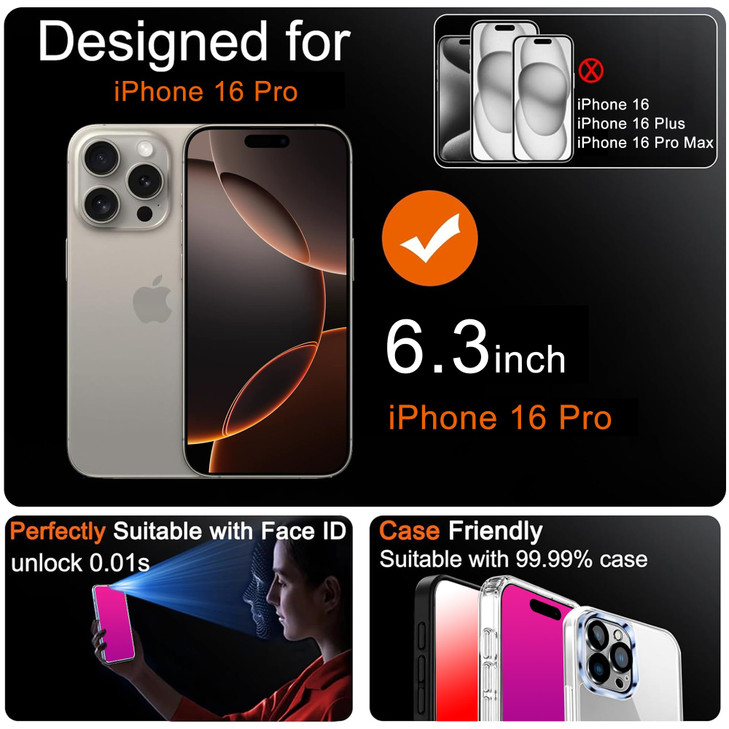 Heromiracle 2 Pack Privacy Screen Protector for iPhone 16 Pro Tempered Glass for iPhone16Pro 25 Degree Anti-Spy Anti-Blue Light Eye Protection with I