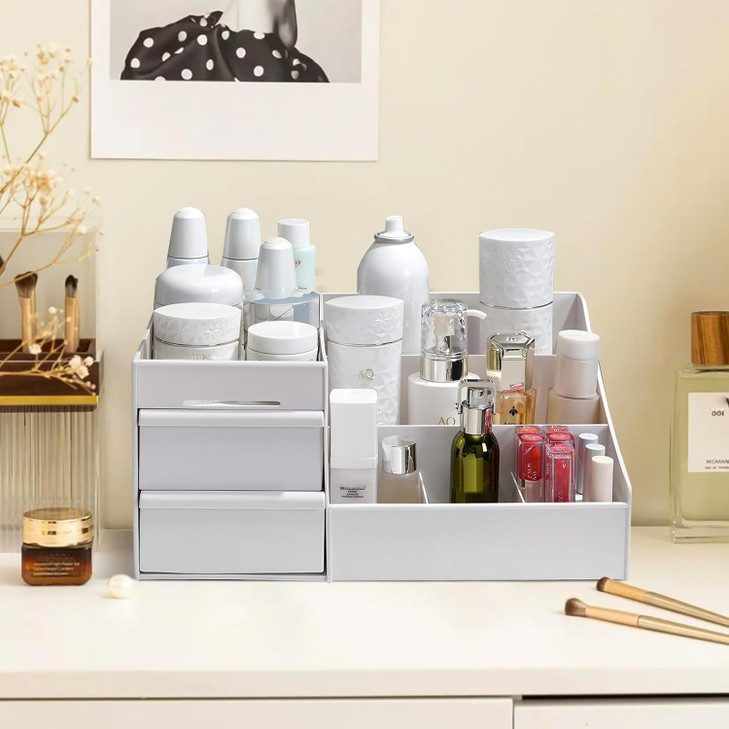 Large Makeup Organizer with Drawers MultiFunctional Vanity and Countertop Storage for Cosmetics Skincare Perfume Nail Po