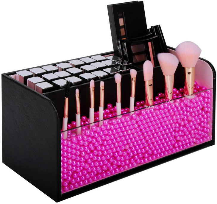 J JACKCUBE DESIGN JackCubeDesign Makeup Organizer with Pink Pearls Black Cosmetic Storage Case Box with Brush Holder Lar