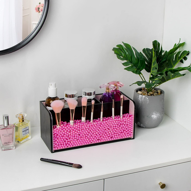 J JACKCUBE DESIGN JackCubeDesign Makeup Organizer with Pink Pearls Black Cosmetic Storage Case Box with Brush Holder Lar