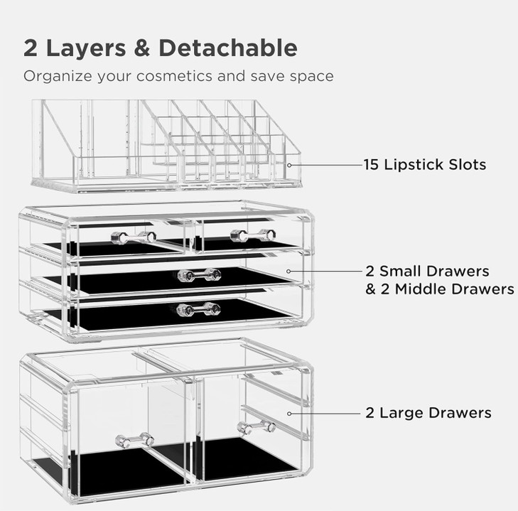 HBlife Acrylic Clear Dustproof Makeup Storage Organizer Drawers Large Skin Care Cosmetic Display Cases for Bathroom Stac