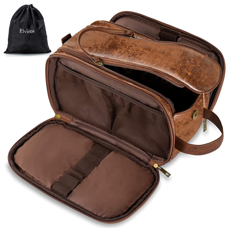 Elviros Toiletry Bag for Men Large Travel Shaving Dopp Kit Waterresistant Bathroom Toiletries Organizer PU Leather Cosme