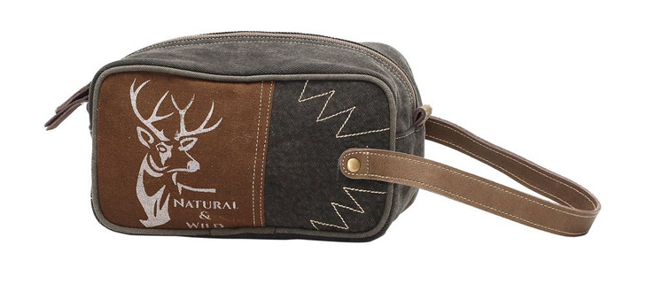 Myra Bag Wild Reindeer Denim Upcycled Canvas Shaving Kit Bag S1121