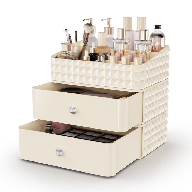 Rosoenvi Makeup Organizer for Vanity Stackable Cosmetics Organizer and Storage Cosmetic Display Cases with 2 Drawers and