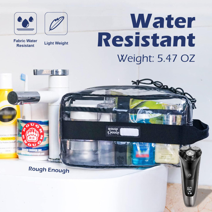 Rough Enough Clear Toiletry Bag Large Transparent Cosmetic Shaving Organizer with Handle Sturdy PVC Travel Bag for Men W
