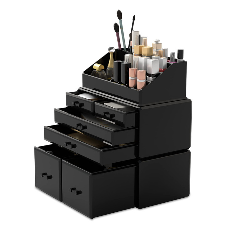 READAEER Makeup Organizer 3 Pieces Cosmetic Storage Case with 6 Drawers Black