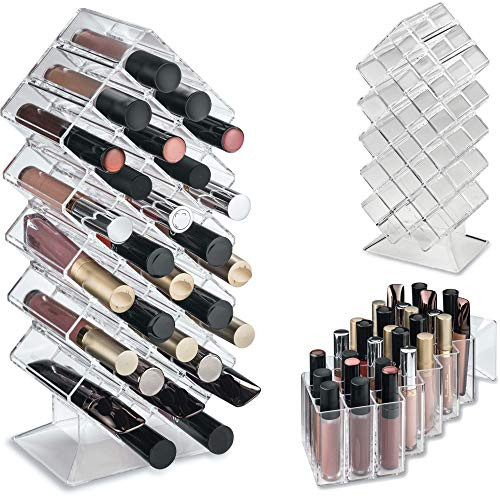 byAlegory Acrylic Lip Gloss Makeup Tower Stand Organizer 28 Space Cosmetic Storage Designed To Stand Lay Flat Stack CLEA