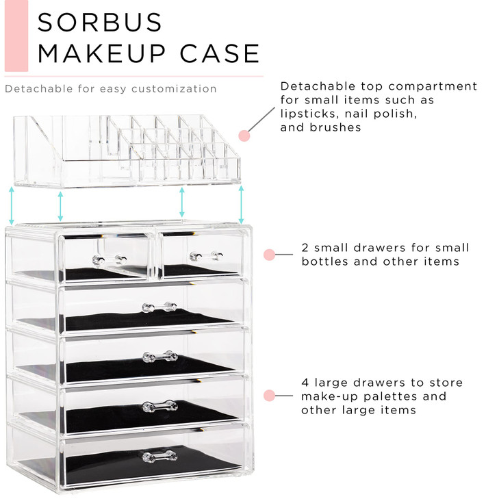 Sorbus Acrylic Makeup Organizer Set 6Drawer Vanity Countertop Cosmetic Storage with Small Wide Compartments Clear Makeup