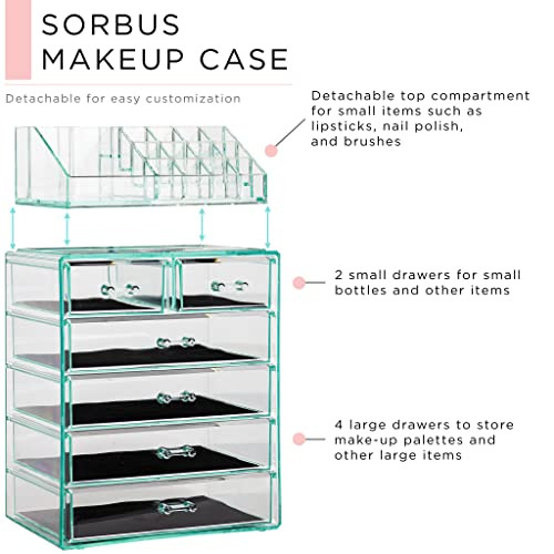 Sorbus Acrylic Makeup Organizer Set 6Drawer Vanity Countertop Cosmetic Storage with Small Wide Compartments Teal Thrill
