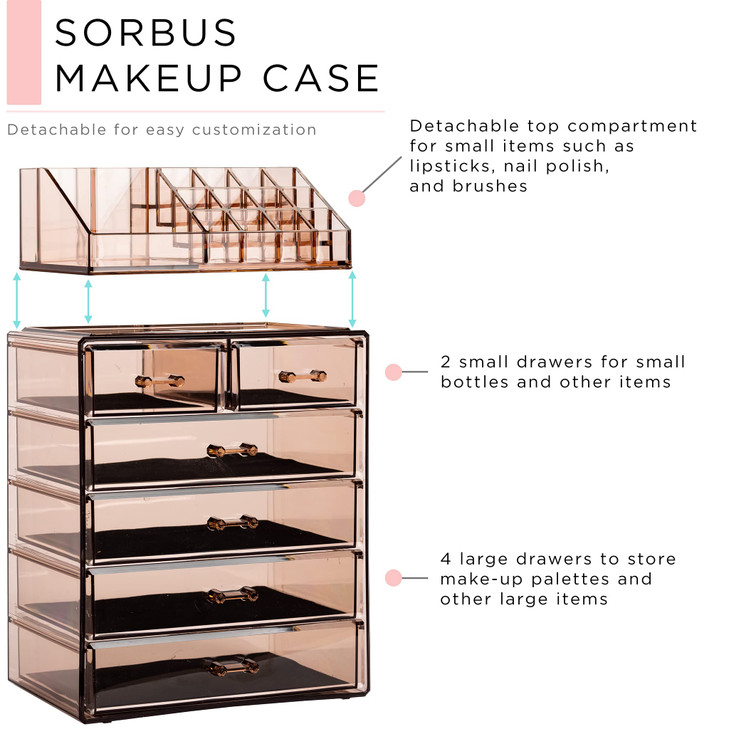 Sorbus Acrylic Makeup Organizer Set 6Drawer Vanity Countertop Cosmetic Storage with Small Wide Compartments Bronze Glow