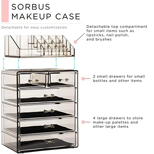 Sorbus Acrylic Makeup Organizer Set 6Drawer Vanity Countertop Cosmetic Storage with Small Wide Compartments Marble Print