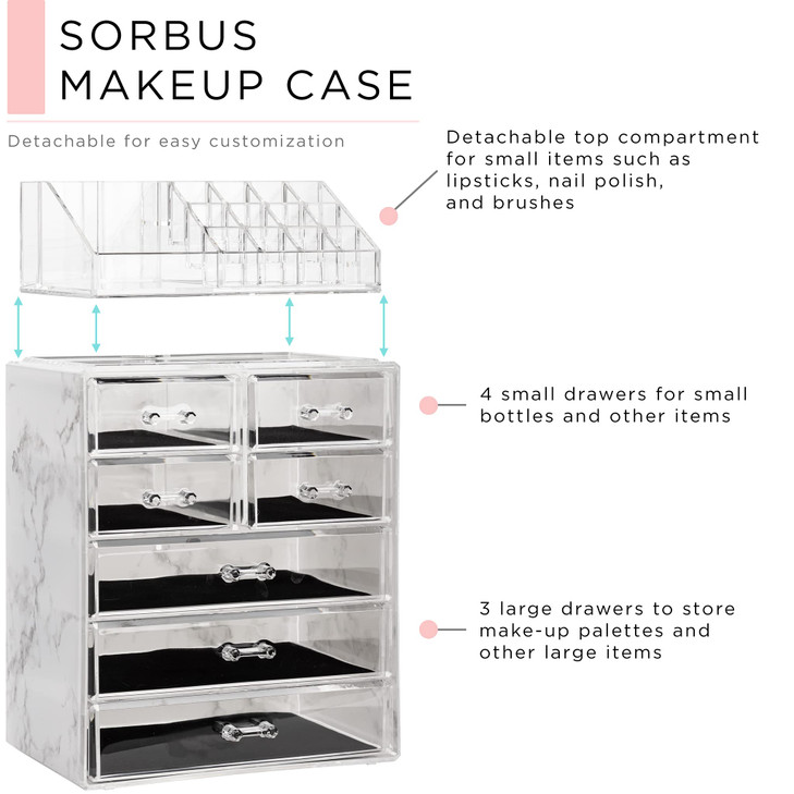 Sorbus Acrylic Makeup Organizer Set 7Drawer Vanity Countertop Cosmetic Storage with Small Wide Compartments Marble Print