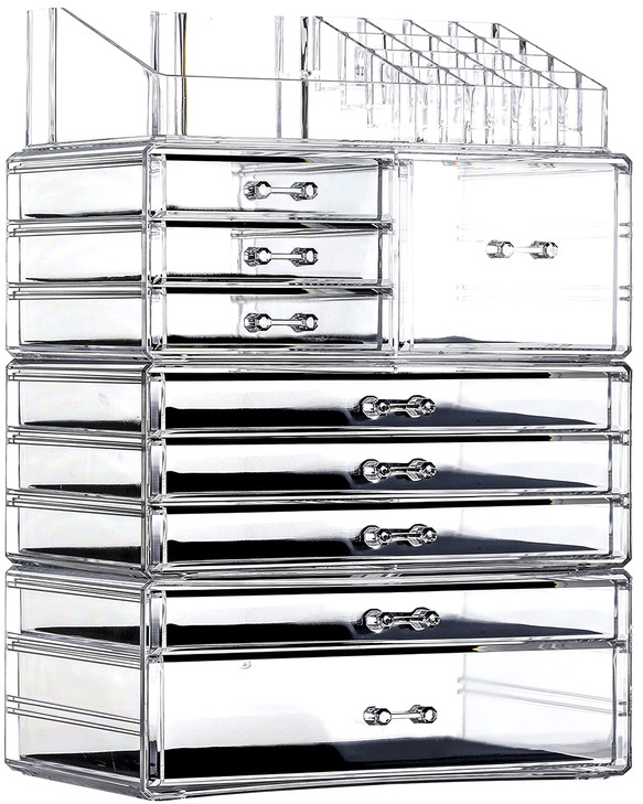 Cq acrylic Makeup Organizer Countertop For Vanity With 9 DrawersLarge Clear Plastic Make Up Storage for JewelryHair Acce