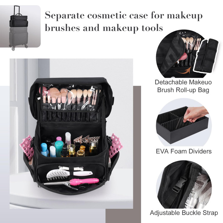 Stagiant Professional Rolling Makeup Case Soft Sided Make up Train Case Travel Organizer Portable with Wheel for Makeup