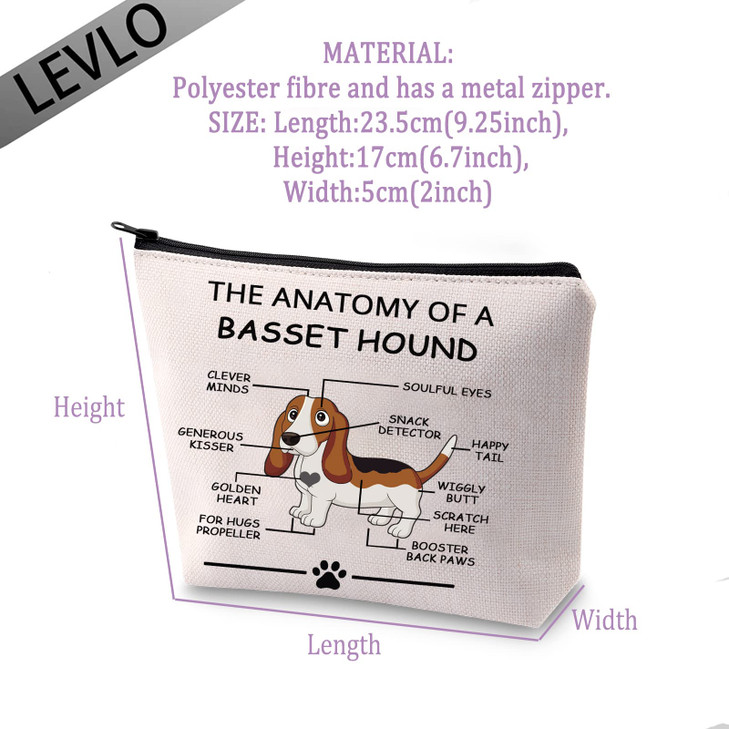LEVLO Funny Dog Lovers Gifts The Anatomy of A Basset Hound Cosmetic Bags Veterinary Mom Travel Toiletry Bags Basset Houn