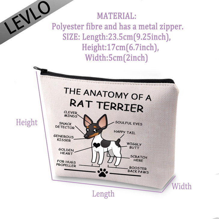 LEVLO Funny Terrier Lovers Gifts The Anatomy of A Rat Terrier Cosmetic Bags Veterinary Mom Travel Toiletry Bags Rat Terr