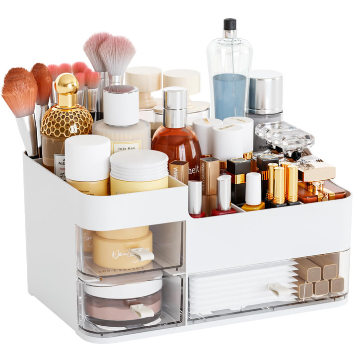 White Makeup Organizer With DrawersLarge Skincare Organizers for CountertopDeskDresserPlastic Bathroom Counter Organizer