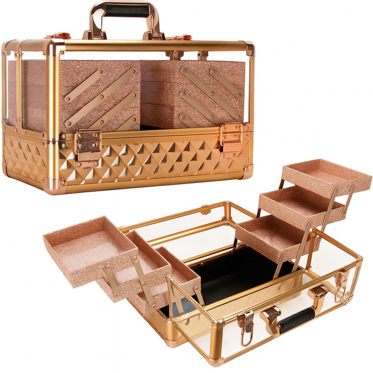 Ver Beauty Rose Gold Diamond Makeup Train Case with 6 Accordion Trays Lockable Cosmetic Organizer with Spacious Interior