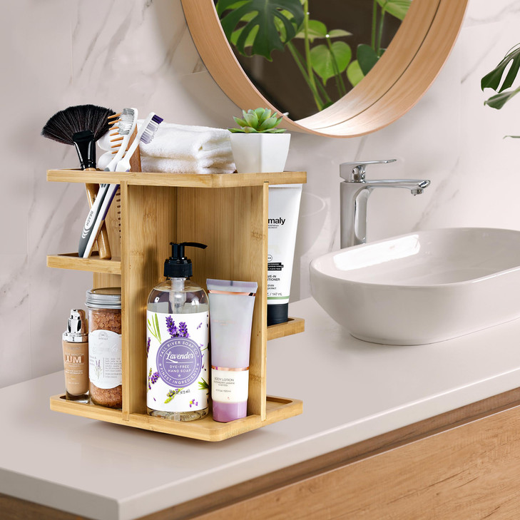 Sorbus 360 Makeup Organizer Bamboo Wood Make Up Storage Carousel for Cosmetics Skin Care Rotating Makeup Organizer for V
