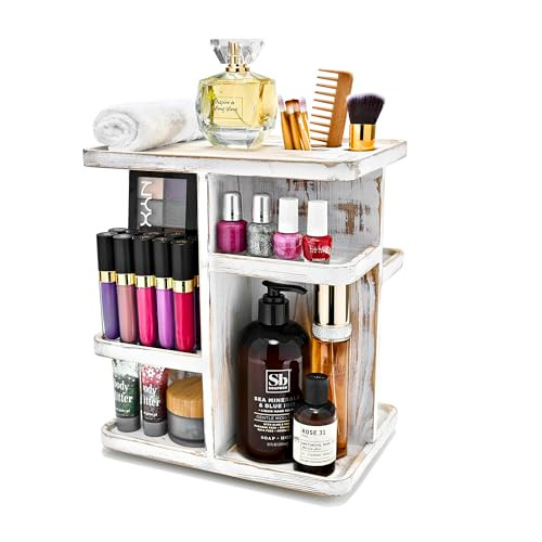 Sorbus 360 Makeup Organizer Grey Rustic Wood Storage Carousel for Cosmetics Make Up Skin Care Organizer Rotating Makeup